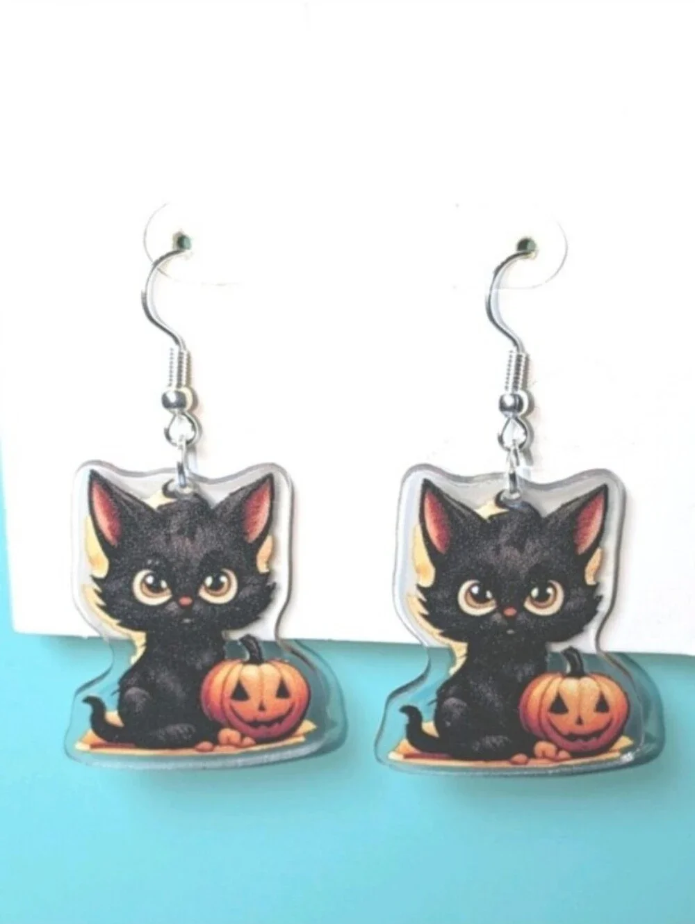 Halloween Black Cat and Pumpkin Dangle Earrings - Unbranded